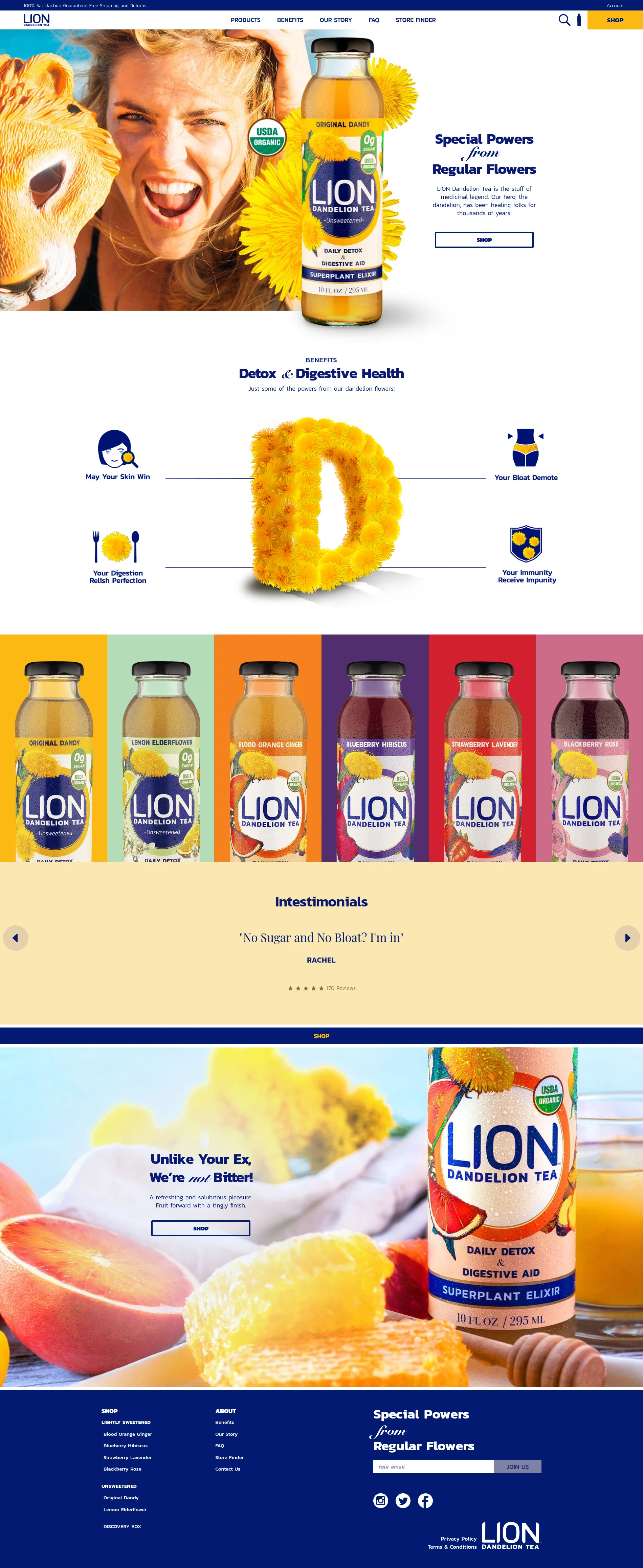 LION Tea brand website with the Original Dandy bottle
