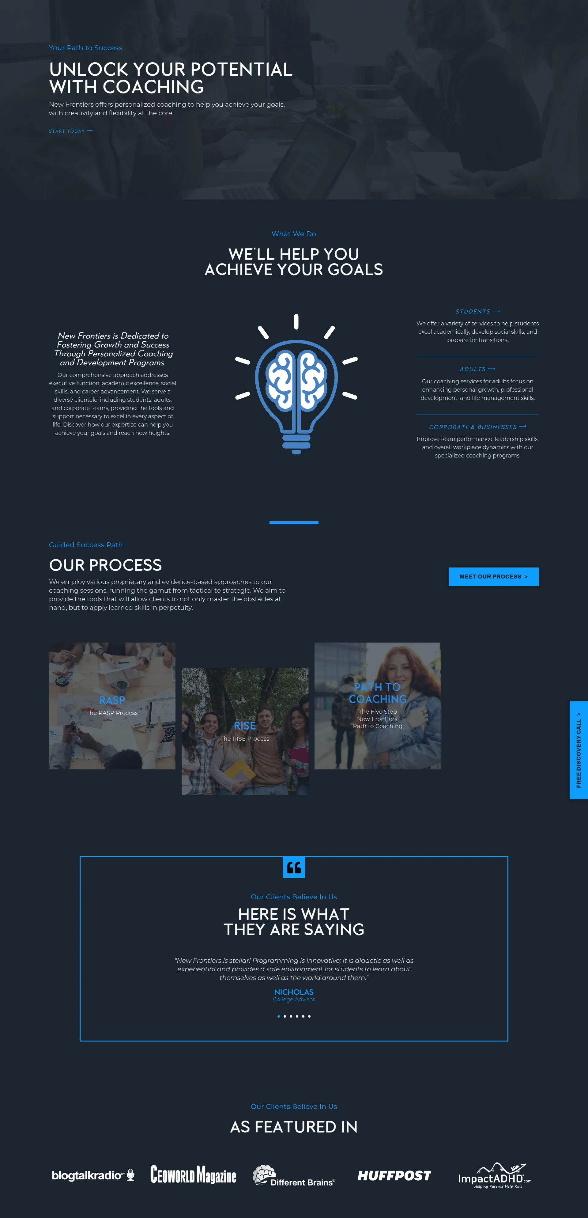 New Frontiers homepage with coaching message and redesigned content hierarchy
